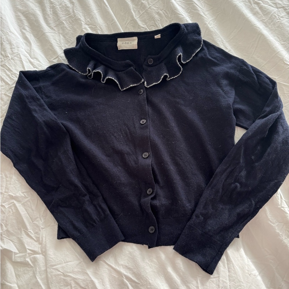 Doen Navy Ruffled Cardigan merino wool